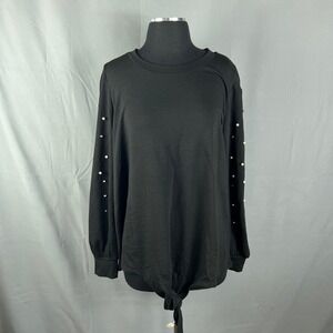 Urban Episode Blouse Top Womens 1X Black Stretch Pearl Embellished Crew Neck